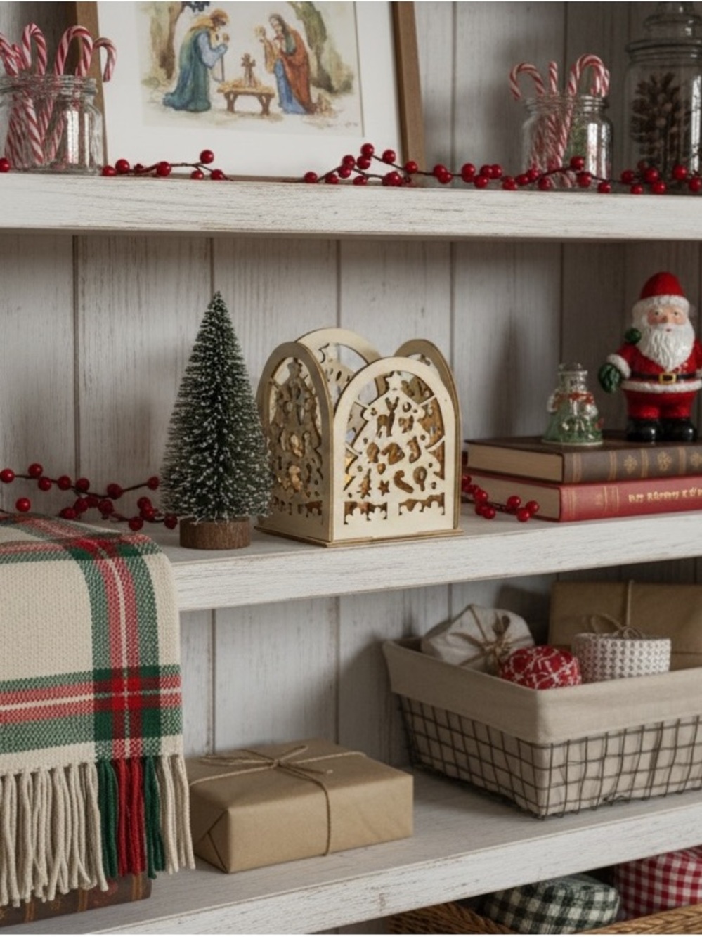 Wood carved Christmas tea light candle box winter scence (set of 6).